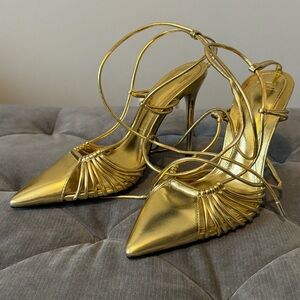 Mint Condition Zara LACE UP METALLIC HIGH-HEEL SHOES size 37. Like New